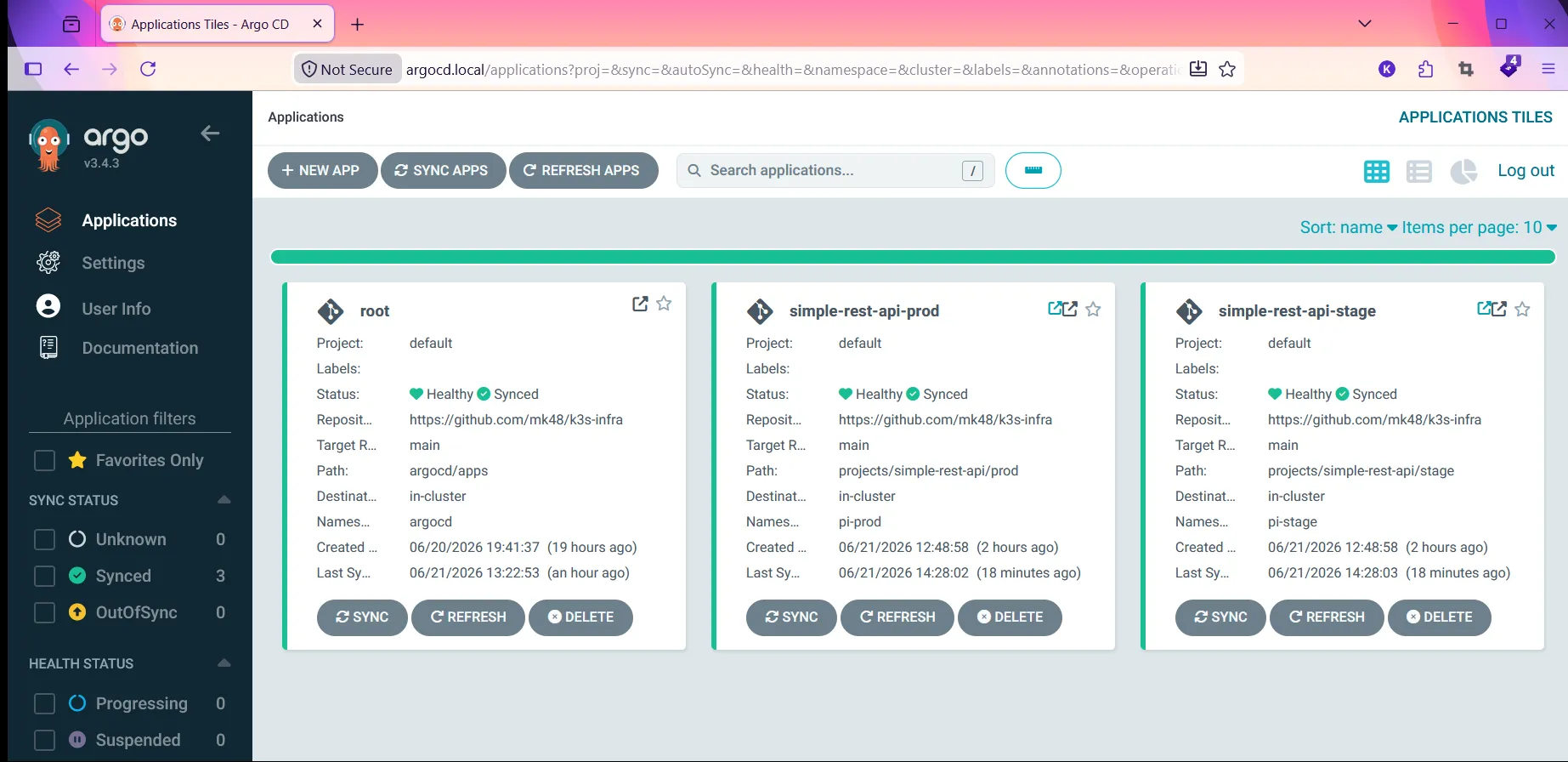 ArgoCD home page with stage and prod apps deployed