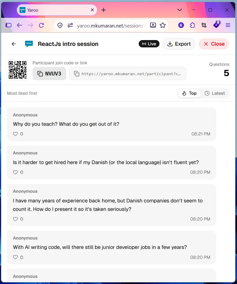 A live Yaroo session showing the join code, QR code and anonymous questions from participants