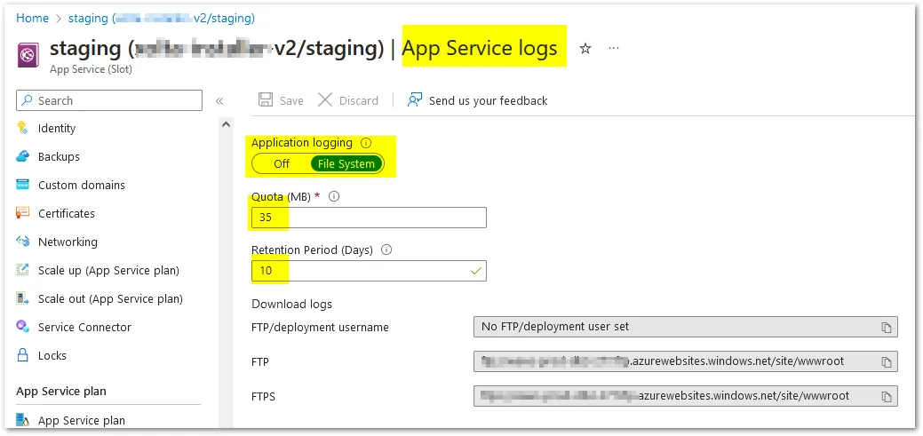 Settings to view container logs